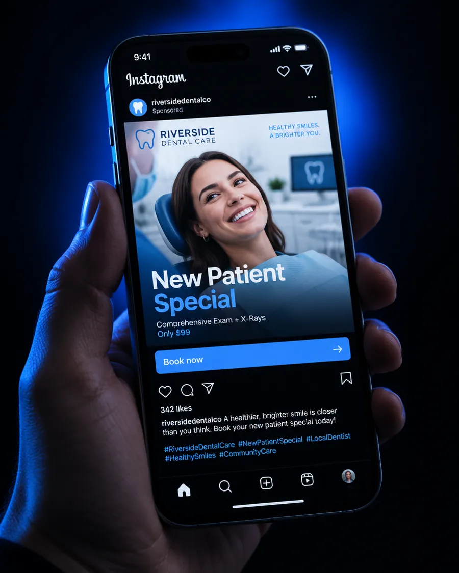 An Instagram ad for a local dental clinic on a phone