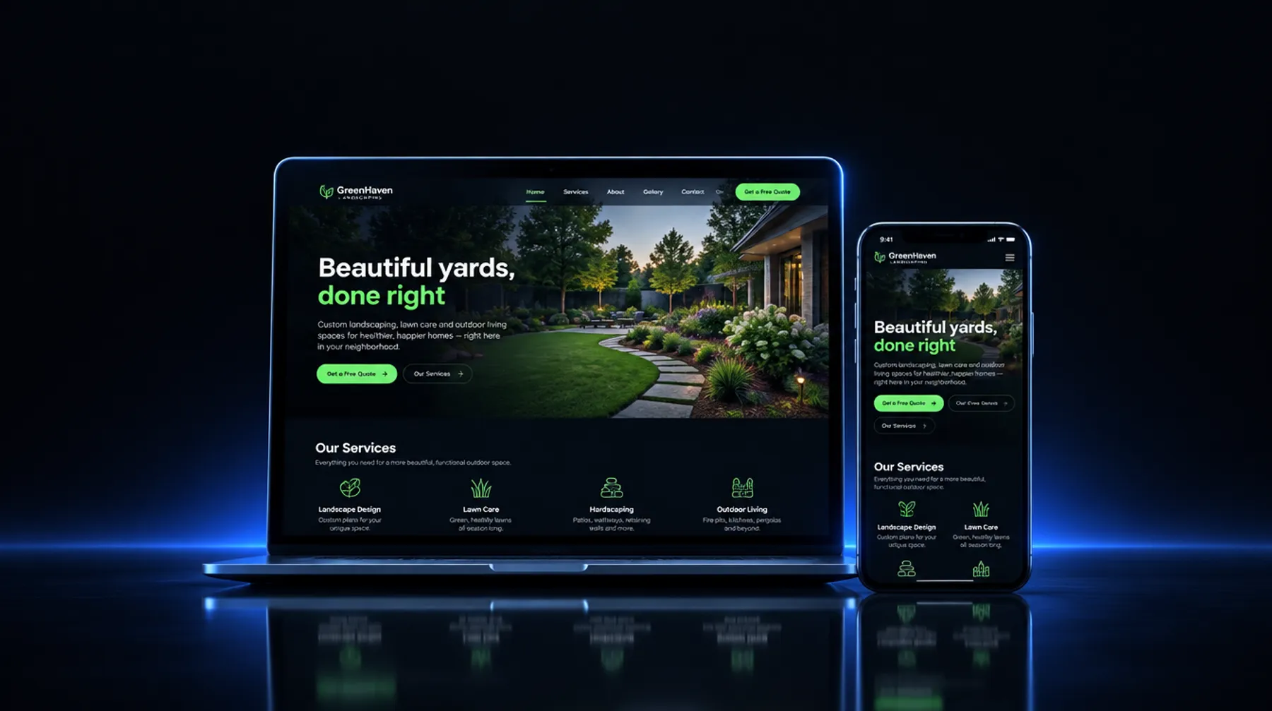 A new website for a local landscaping business on laptop and phone